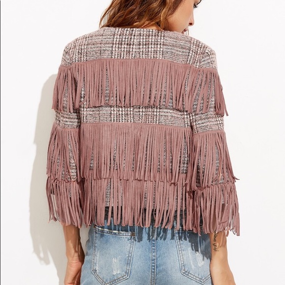 Pink Collarless Tweed Jacket With Fringe Detail - Picture 6 of 7